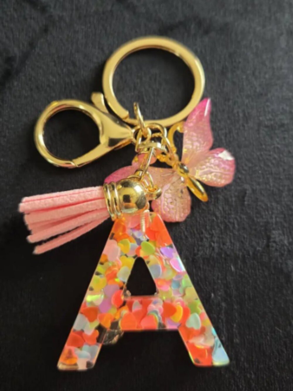 Initial A Keychain Pink Butterfly Tassel Multicolor Confetti Gold Bag Charm Gift